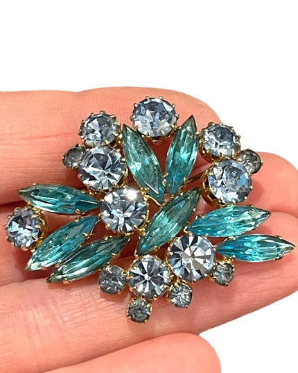 Vintage 1960s Stunning blue crystal statement brooch gold finish
