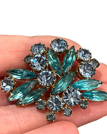 Vintage 1960s Stunning blue crystal statement brooch gold finish