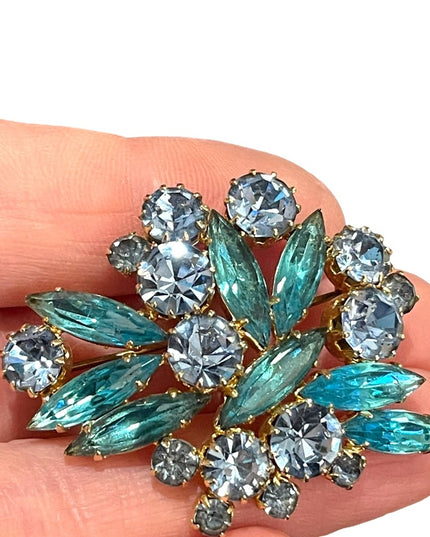 Vintage 1960s Stunning blue crystal statement brooch gold finish