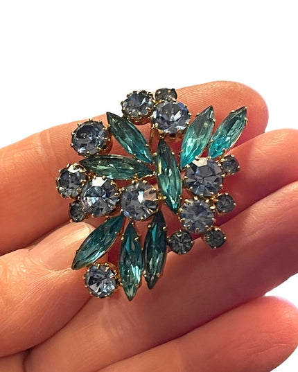 Vintage 1960s Stunning blue crystal statement brooch gold finish