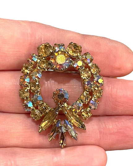 Vintage 1960s Amber AB crystal Rhinestone statement brooch