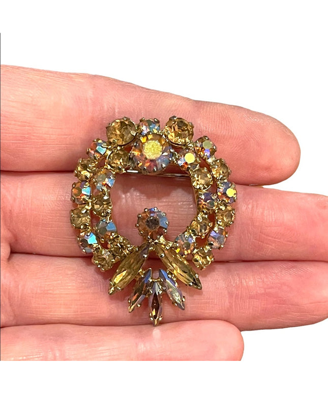 Vintage 1960s Amber AB crystal Rhinestone statement brooch