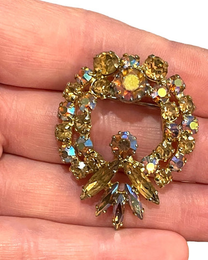 Vintage 1960s Amber AB crystal Rhinestone statement brooch