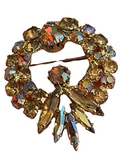 Vintage 1960s Amber AB crystal Rhinestone statement brooch