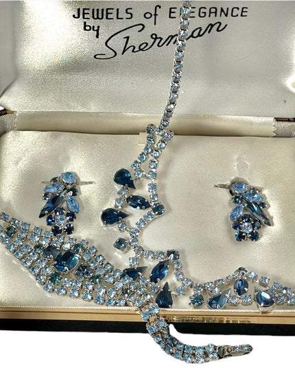 Vintage Stunning blue 4 pcs SHERMAN 1950s SET bracelet necklace clip one