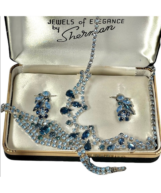Vintage Stunning blue 4 pcs SHERMAN 1950s SET bracelet necklace clip one