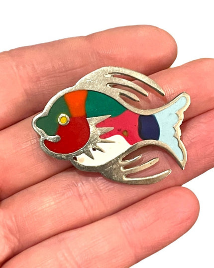Vintage sterling silver 925 Mexico enameled fish brooch pendant