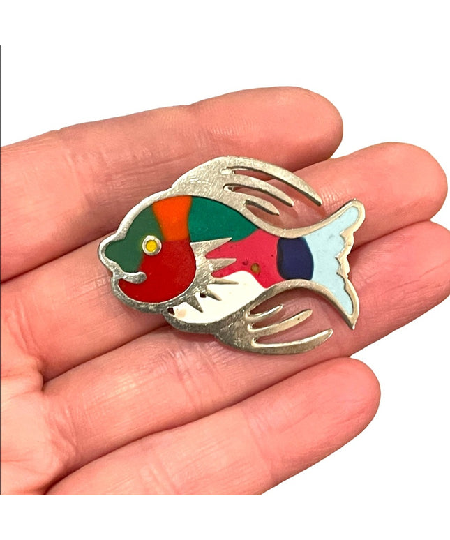 Vintage sterling silver 925 Mexico enameled fish brooch pendant