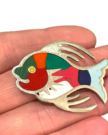 Vintage sterling silver 925 Mexico enameled fish brooch pendant