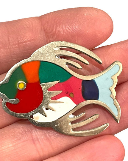 Vintage sterling silver 925 Mexico enameled fish brooch pendant