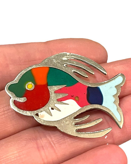 Vintage sterling silver 925 Mexico enameled fish brooch pendant