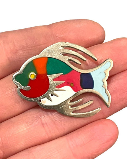 Vintage sterling silver 925 Mexico enameled fish brooch pendant