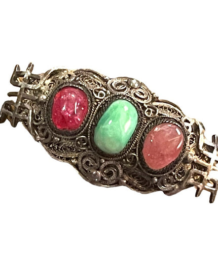 Antique 1900s 800 Silver Jade & ruby Chinese good luck brooch filagree  Export