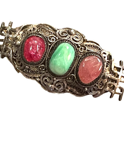 Antique 1900s 800 Silver Jade & ruby Chinese good luck brooch filagree  Export