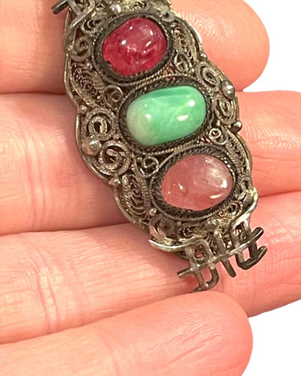 Antique 1900s 800 Silver Jade & ruby Chinese good luck brooch filagree  Export