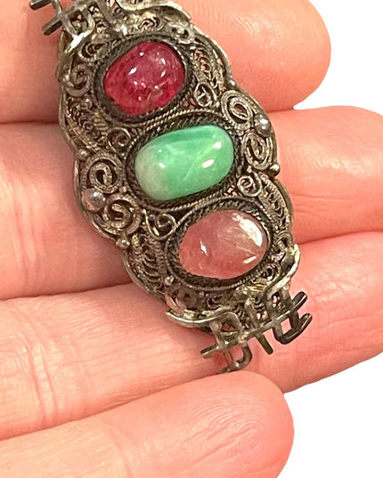 Antique 1900s 800 Silver Jade & ruby Chinese good luck brooch filagree  Export