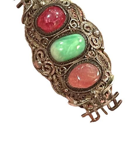 Antique 1900s 800 Silver Jade & ruby Chinese good luck brooch filagree  Export