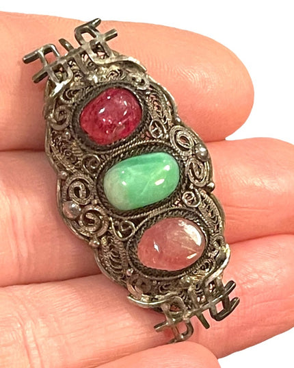 Antique 1900s 800 Silver Jade & ruby Chinese good luck brooch filagree  Export