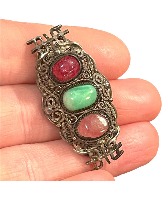 Antique 1900s 800 Silver Jade & ruby Chinese good luck brooch filagree  Export