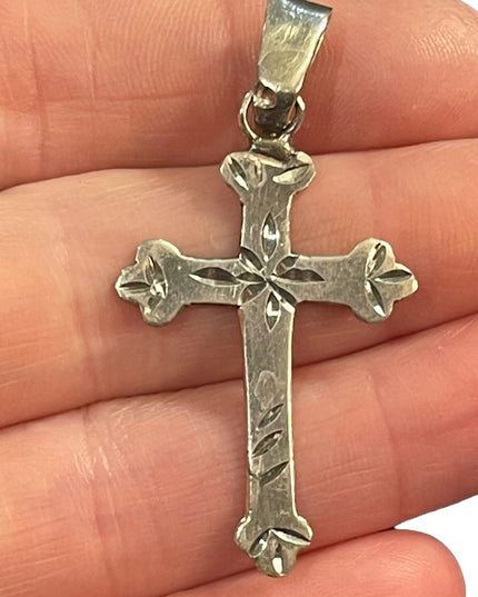 Antique Handmade sterling silver etched cross religious pendant