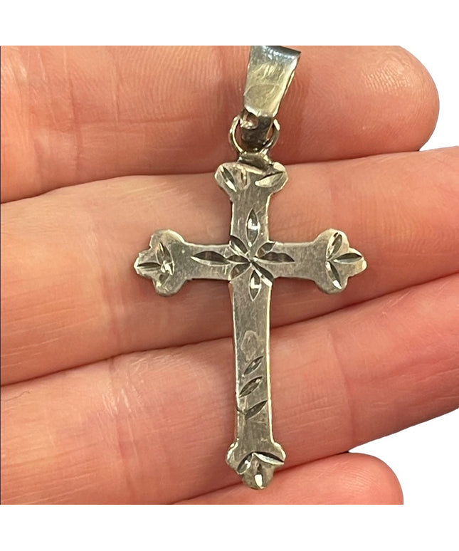 Antique Handmade sterling silver etched cross religious pendant