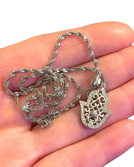 Sterling silver 925 crystal Hand of Fatima Hamza Pendant necklace