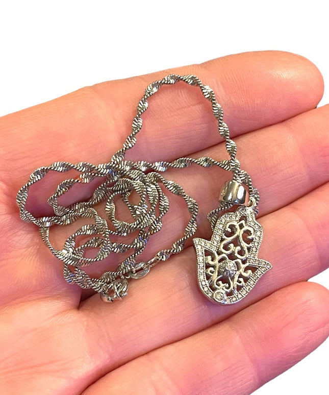 Sterling silver 925 crystal Hand of Fatima Hamza Pendant necklace