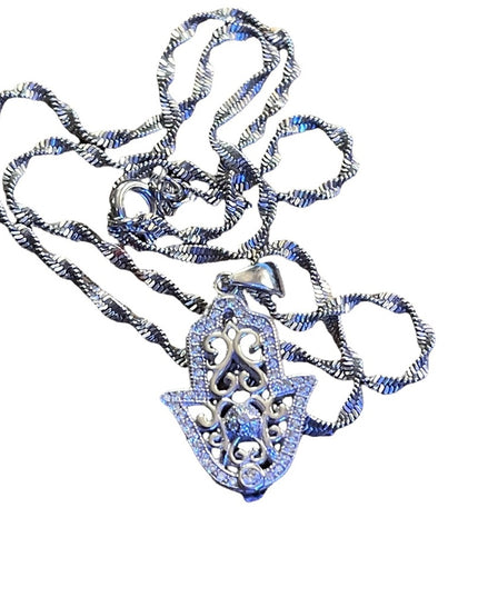 Sterling silver 925 crystal Hand of Fatima Hamza Pendant necklace