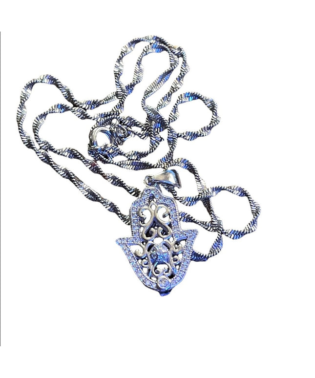 Sterling silver 925 crystal Hand of Fatima Hamza Pendant necklace