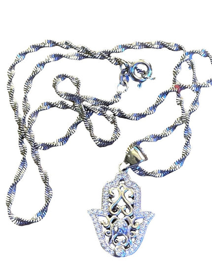 Sterling silver 925 crystal Hand of Fatima Hamza Pendant necklace