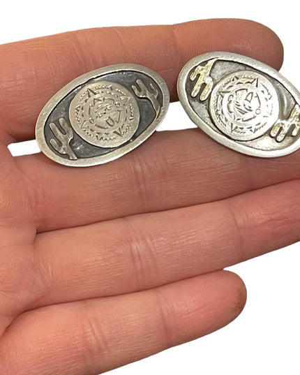 Vintage 1960s sterling silver 925 Mayan Aztec Mexico Cactus Cufflinks