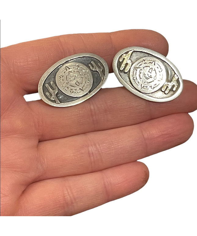Vintage 1960s sterling silver 925 Mayan Aztec Mexico Cactus Cufflinks