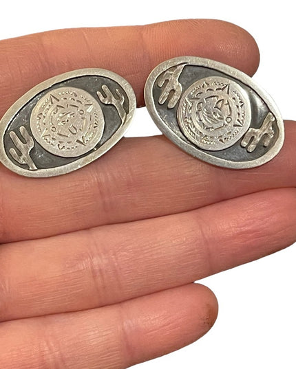 Vintage 1960s sterling silver 925 Mayan Aztec Mexico Cactus Cufflinks
