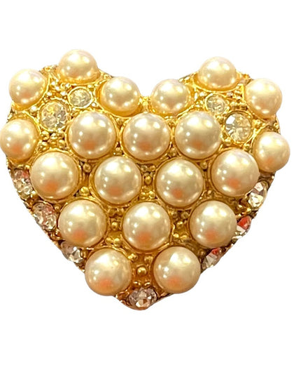 Vintage 1980s faux pearl gold finish large heart brooch
