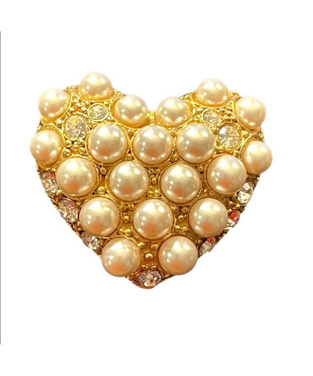 Vintage 1980s faux pearl gold finish large heart brooch