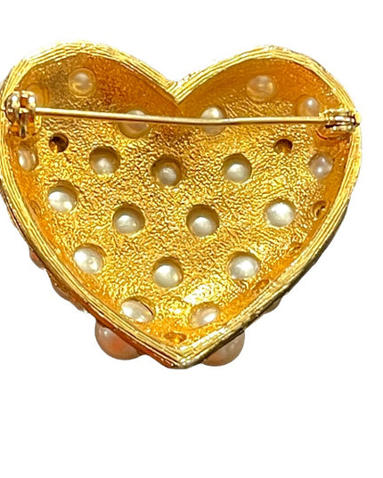Vintage 1980s faux pearl gold finish large heart brooch