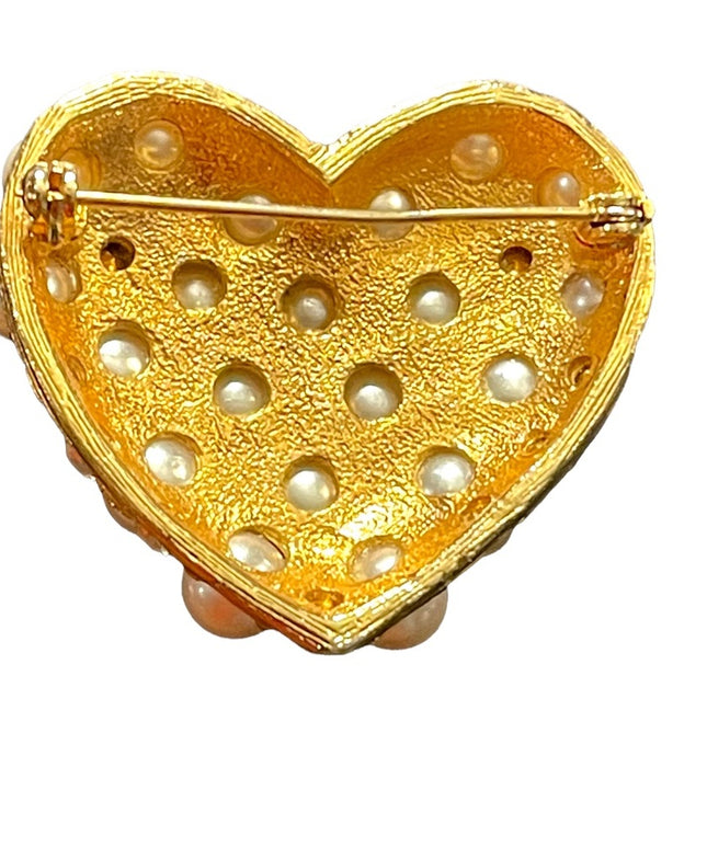Vintage 1980s faux pearl gold finish large heart brooch