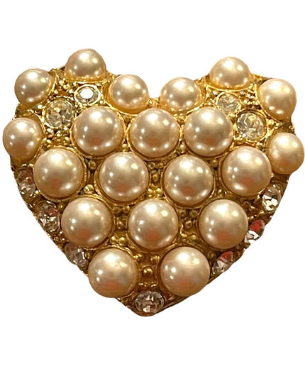 Vintage 1980s faux pearl gold finish large heart brooch