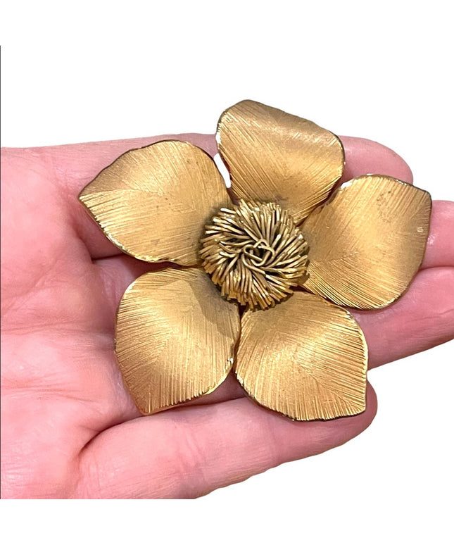 Large vintage gold plated ornate flower brooch 1960s