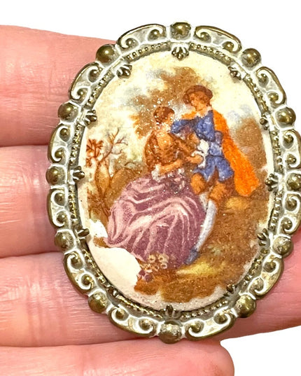 Vintage French scene Victorian Fragonard cameo brooch textured finish