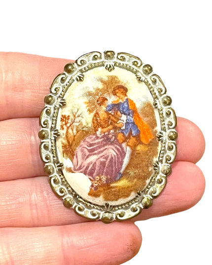 Vintage French scene Victorian Fragonard cameo brooch textured finish