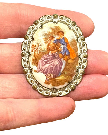 Vintage French scene Victorian Fragonard cameo brooch textured finish