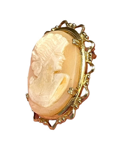 Vintage 1960s gold finish fancy bezel resin cameo brooch