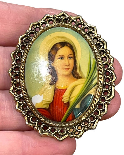 Vintage WMAC Ceramic Large religious Catholic Saint Cameo Brooch pendant