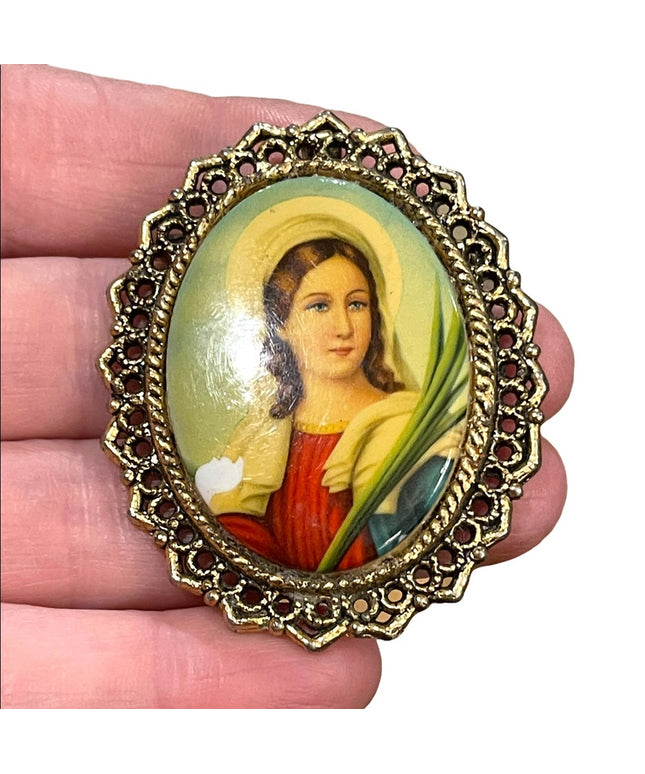 Vintage WMAC Ceramic Large religious Catholic Saint Cameo Brooch pendant