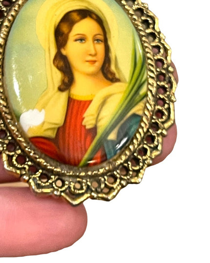 Vintage WMAC Ceramic Large religious Catholic Saint Cameo Brooch pendant
