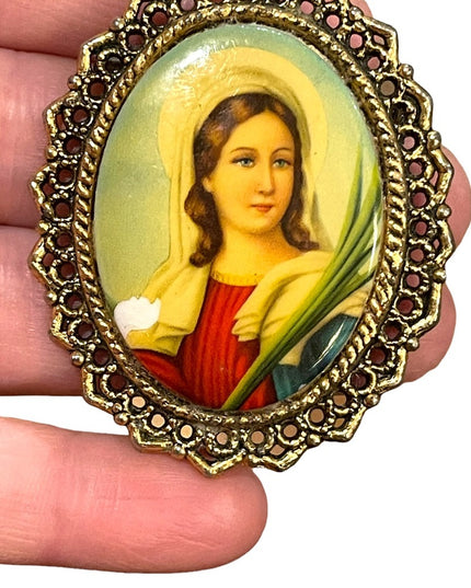 Vintage WMAC Ceramic Large religious Catholic Saint Cameo Brooch pendant