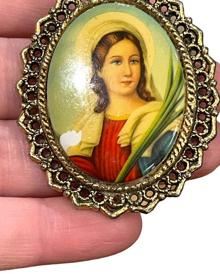 Vintage WMAC Ceramic Large religious Catholic Saint Cameo Brooch pendant