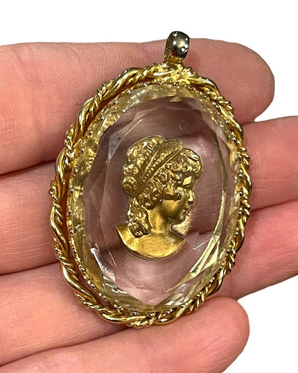 Vintage Cameo Reverse Intaglio Glass Pendant 1960s gold finish