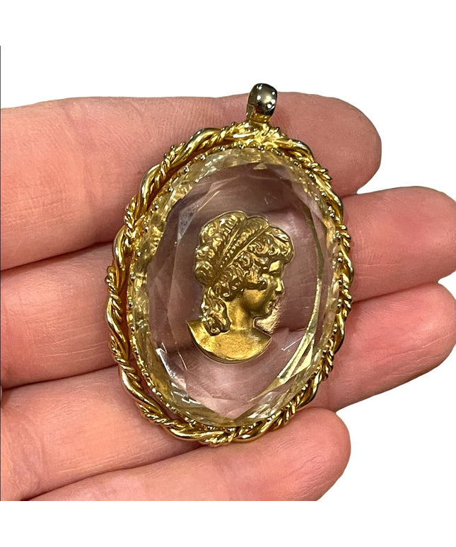 Vintage Cameo Reverse Intaglio Glass Pendant 1960s gold finish